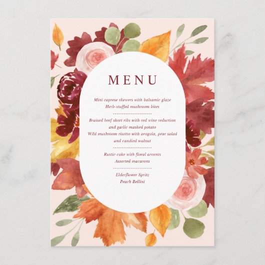 Boho Floral Bourgondië Trouwtafel Nummer Menu (Voorkant)