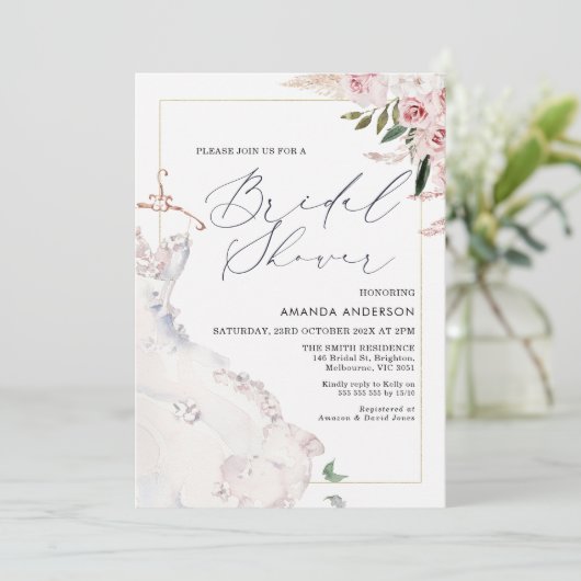 Boho Floral bruidsjurk bruids douche uitnodiging (Staand voorkant)