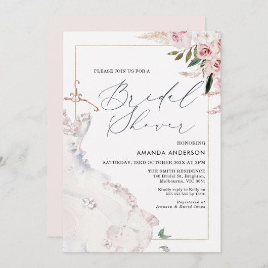 Boho Floral bruidsjurk bruids douche uitnodiging (Voorkant / Achterkant)