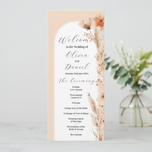 Boho Floral Bruiloft Menu Ceremonie Details (Staand voorkant)