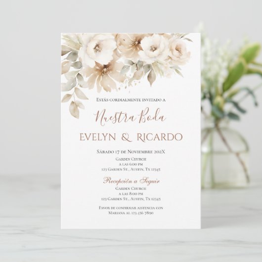 Boho Floral bruiloft uitnodiging in het Spaans (Staand voorkant)