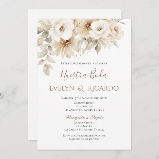 Boho Floral bruiloft uitnodiging in het Spaans (Voorkant / Achterkant)