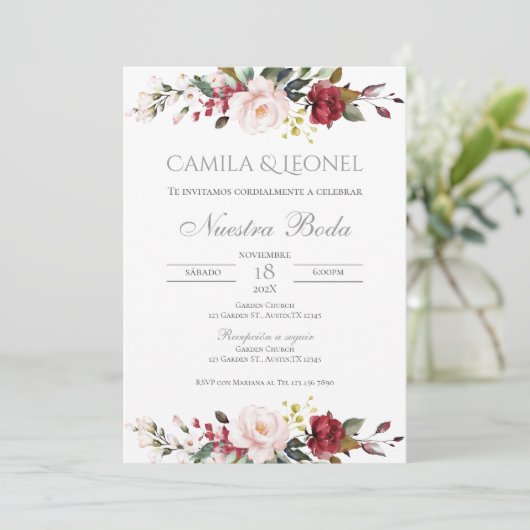 Boho Floral bruiloft uitnodiging in het Spaans (Staand voorkant)
