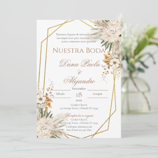 Boho Floral bruiloft uitnodiging in het Spaans (Staand voorkant)