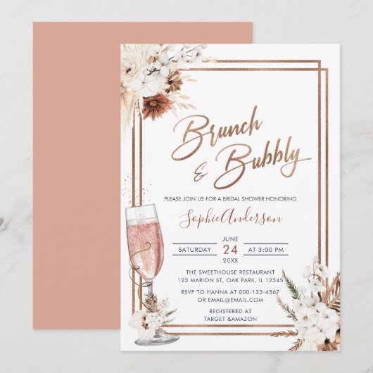 Boho Floral Brunch en Bubble Vrijgezellenfeest Kaart (Voorkant / Achterkant)
