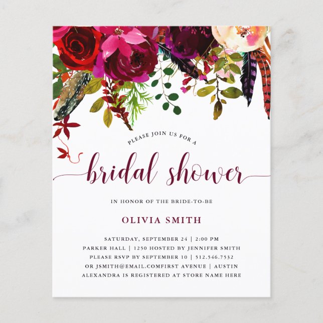 Boho Floral | BUDGET Bridal Shower-uitnodiging (Voorkant)