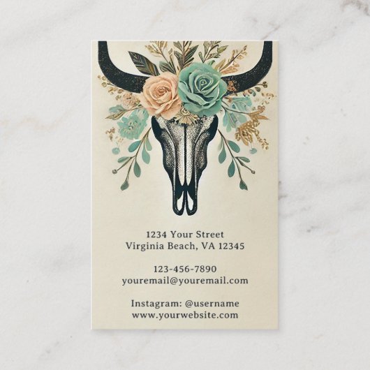 Boho Floral Bull Koe Schedel Western Rustiek Visitekaartje (Achterkant)