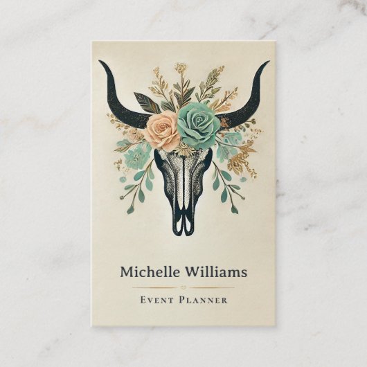 Boho Floral Bull Koe Schedel Western Rustiek Visitekaartje (Voorkant)
