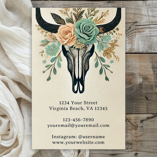 Boho Floral Bull Koe Schedel Western Rustiek Visitekaartje