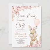 Boho Floral Bunny Balloon 1e verjaardag Uitnodigin Kaart (Voorkant)