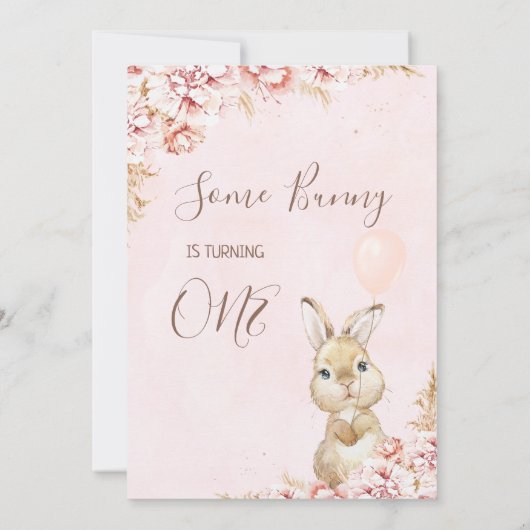 Boho Floral Bunny Balloon 1e verjaardag Uitnodigin Kaart (Achterkant)