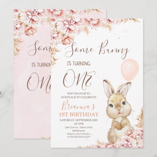Boho Floral Bunny Balloon 1e verjaardag Uitnodigin Kaart (Voorkant / Achterkant)