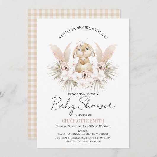 Boho Floral Bunny Rabbit Baby shower Invitation Kaart (Voorkant / Achterkant)