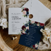 Boho Floral Burgundy Navy Wedding Programme Kaart