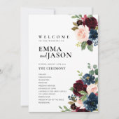 Boho Floral Burgundy Navy Wedding Programme Kaart (Voorkant)