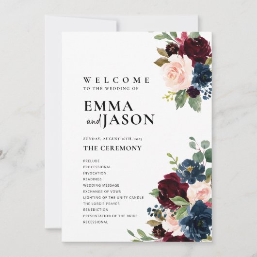 Boho Floral Burgundy Navy Wedding Programme Kaart (Voorkant)