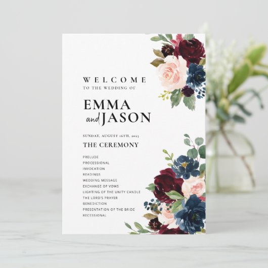 Boho Floral Burgundy Navy Wedding Programme Kaart (Staand voorkant)