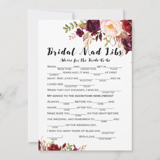 Boho Floral Burgundy Vrijgezellenfeest Game 5x7 Kaart (Voorkant)