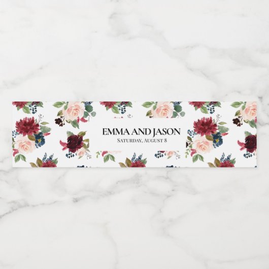 Boho Floral Burgundy Water Fles Etiket (Enkel label)