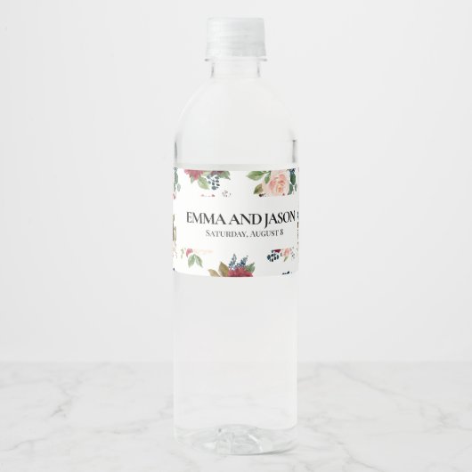 Boho Floral Burgundy Water Fles Etiket (Voorkant)