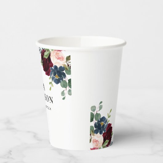 Boho Floral Burgundy Wedding Paper Cups Papieren Bekers (Links)