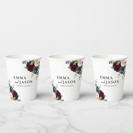Boho Floral Burgundy Wedding Paper Cups Papieren Bekers (Multi)