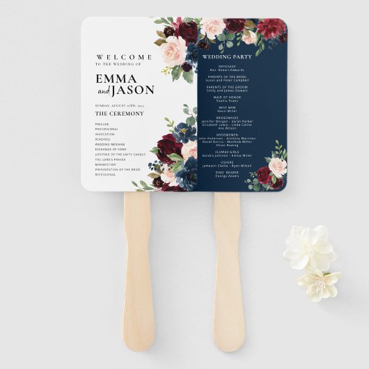 Boho Floral Burgundy Wedding Programme Fan Hand Handwaaier (Voorkant en achterkant)