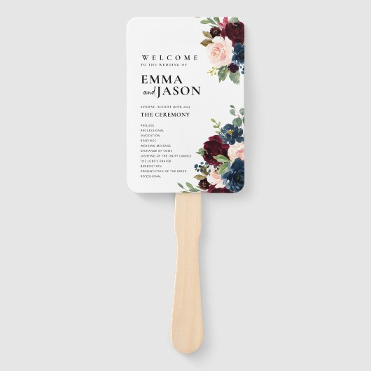 Boho Floral Burgundy Wedding Programme Fan Hand Handwaaier (Voorkant)