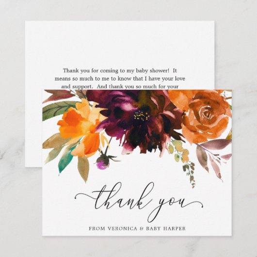 Boho Floral Burnt Oranje Burgundy Baby shower Bedankkaart (Voorkant / Achterkant)