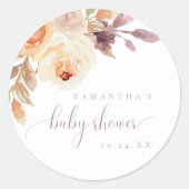 Boho Floral Burnt Sinaasappel Baby shower Ronde Sticker (Voorkant)