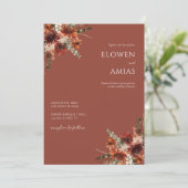 Boho Floral Burnt Sinaasappel Wedding Invitation Kaart (Staand voorkant)
