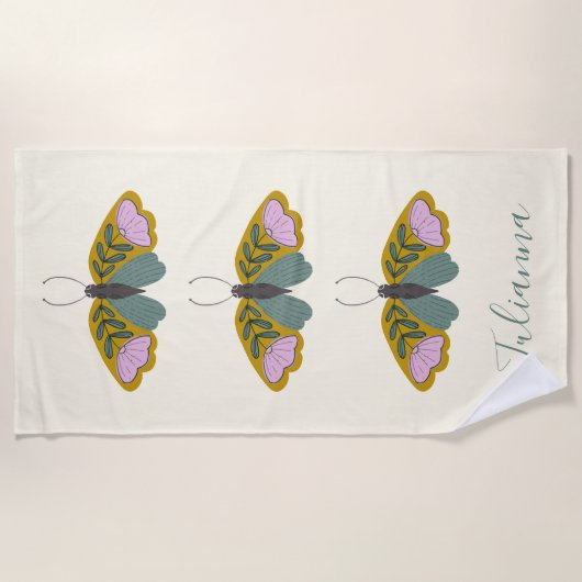 Boho Floral Butterfly Illustration Personalized Strandlaken (Voorkant)