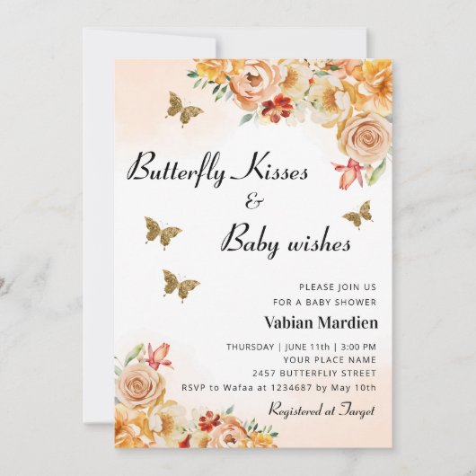 Boho Floral Butterfly Kisses meisje Baby shower Kaart (Voorkant)