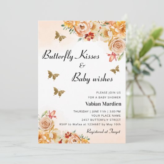Boho Floral Butterfly Kisses meisje Baby shower Kaart (Staand voorkant)