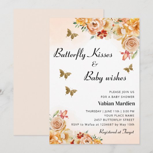 Boho Floral Butterfly Kisses meisje Baby shower Kaart (Voorkant / Achterkant)