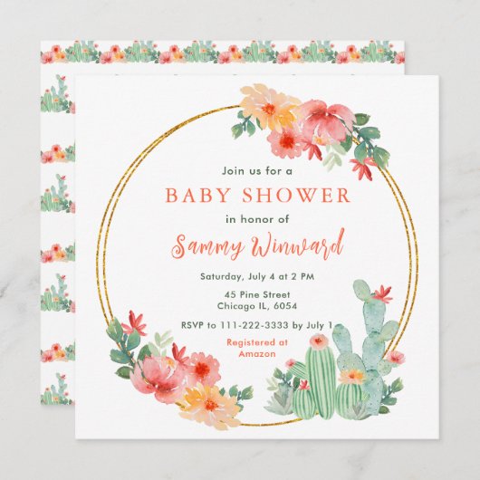 Boho Floral Cactus Baby Shower Kaart (Voorkant / Achterkant)