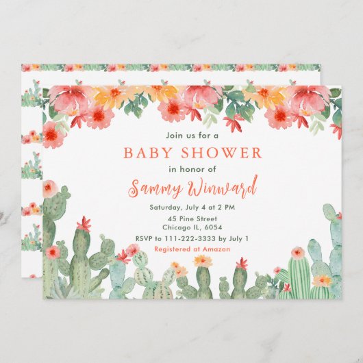 Boho Floral Cactus Baby Shower Kaart (Voorkant / Achterkant)