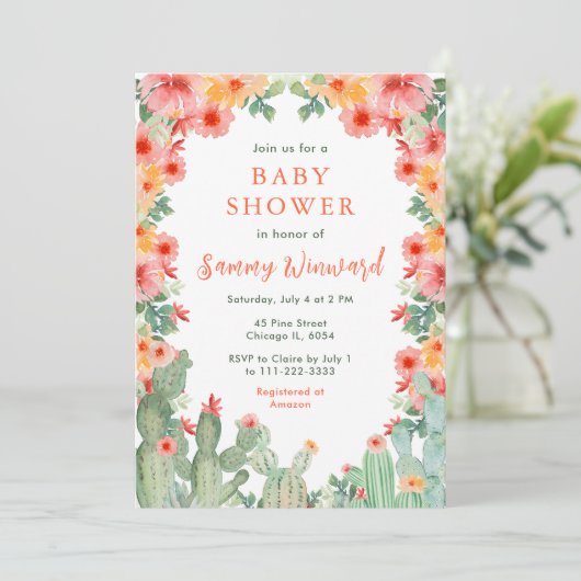 Boho Floral Cactus Baby Shower Kaart (Staand voorkant)
