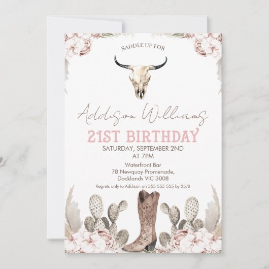 Boho Floral Cactus Rodeo 21st Birthday Invitation Kaart (Voorkant)