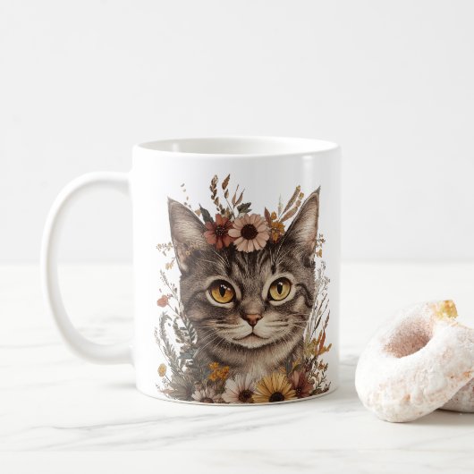 Boho Floral Cat Face Mok – Stijlvol en grillig (Met donut)