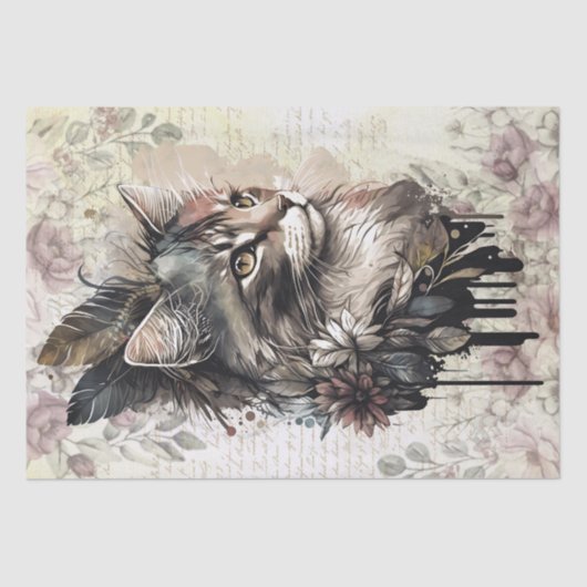 Boho Floral Cat Waterverf Tissuepapier (Voorkant)