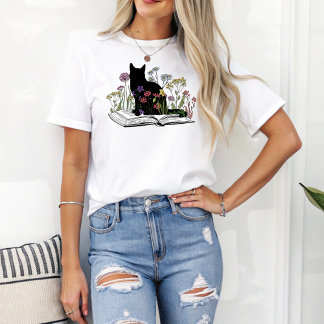 Boho Floral Cat Zittend op Boeken Boekenliefhebber T-shirt