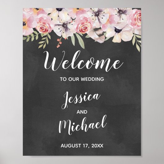Boho Floral Chalkboard Wedding Welkomstteken Poster (Voorkant)