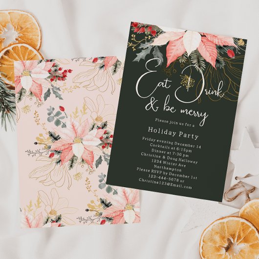 Boho Floral Christmas Eat Drink en Be Merry Party Kaart