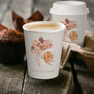 Boho Floral Coffee "Love is Brewing" Vrijgezellenf Papieren Bekers
