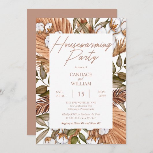 Boho Floral Cotton | Grassen Housewarming Party Kaart (Voorkant / Achterkant)