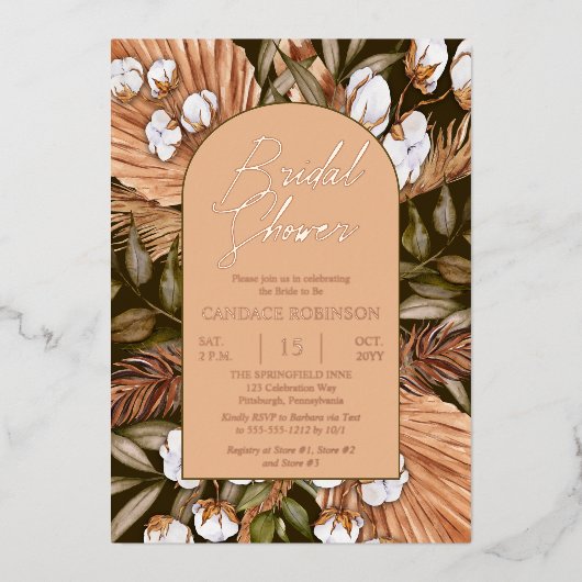 Boho Floral Cotton | Vrijgezellenfeest gedroogde g Folie Uitnodiging (Voorkant)