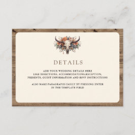 Boho Floral Cow Skull Western Wedding Details Informatiekaartje