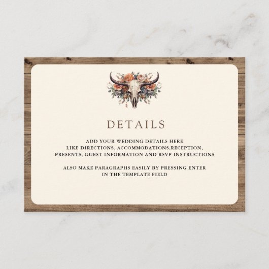 Boho Floral Cow Skull Western Wedding Details Informatiekaartje (Voorkant)
