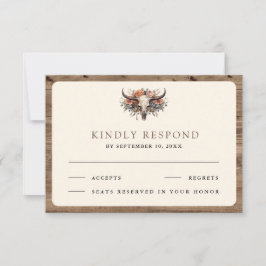 Boho Floral Cow Skull Western Wedding RSVP Kaartje